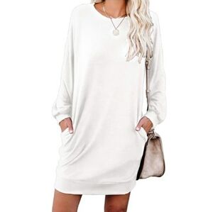 Long Sleeves Causal Loose Round-Neck Tuinc Dress White